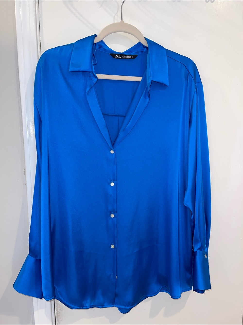 Zara Bright Blue Satin Button-Down Shirt